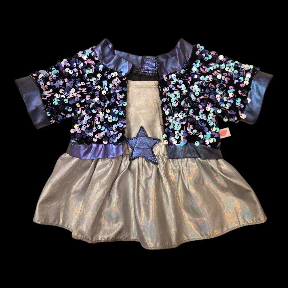 Build a Bear Workshop Honey Girls Dress Standard Size Blue Star Silver Sequin‎